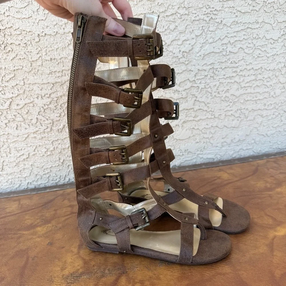 Joyfolie Jayla Youth 3 Brown Tall Gladiator Sandals Knee High Buckle Boho Girls